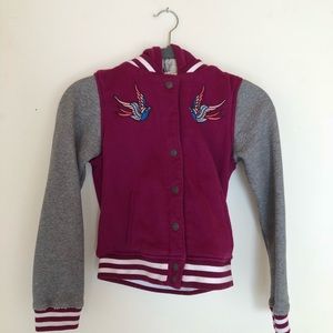 Magenta and Gray colored bomber jacket